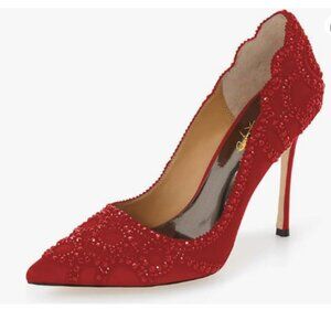 XYD Red Rhinestone Crystals Stiletto Heels for Wedding Bridal Pointed Toe Pumps